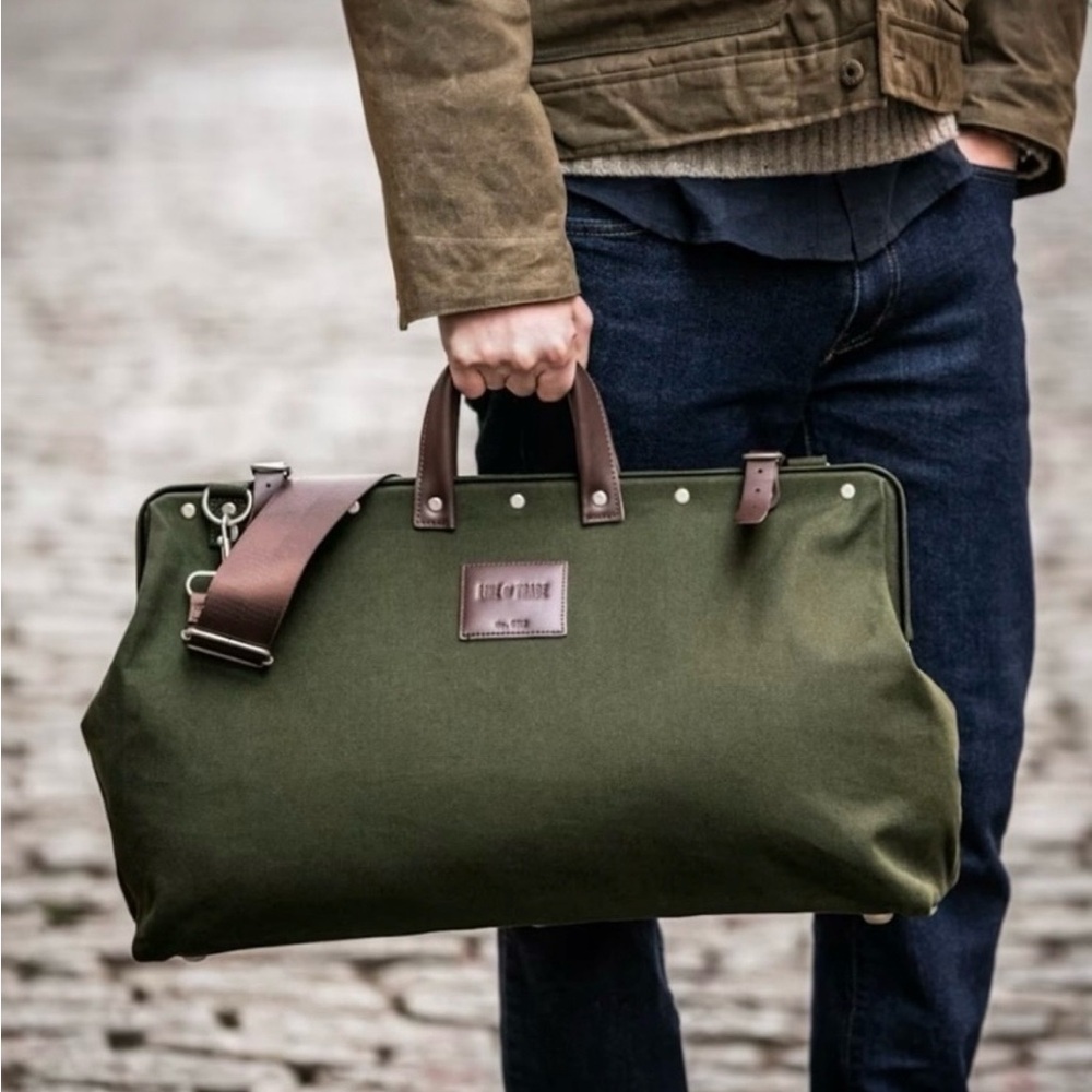 Line Of Trade Green Canvas Weekender  Bag with Brown Leather Straps